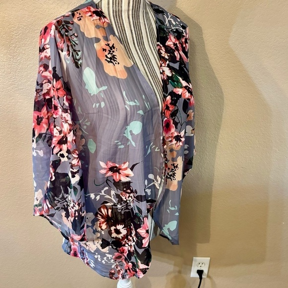 Open Cardigan Blouse Large Grey Floral Pink Gold Peach Sheer Mandarin - Picture 4 of 14
